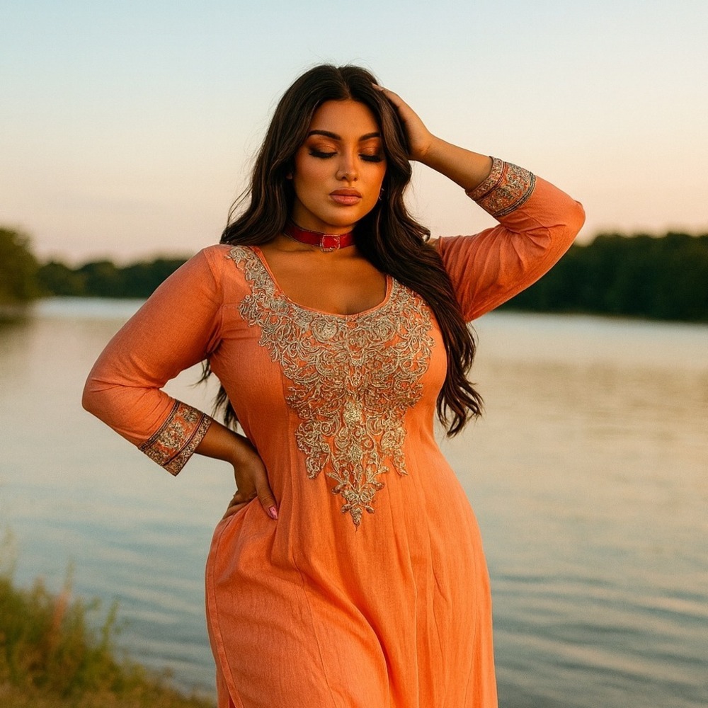 VNTG Boho 70s Women's Kaftan Maxi Dress Plus Size Peach Pink Demask Embroidered